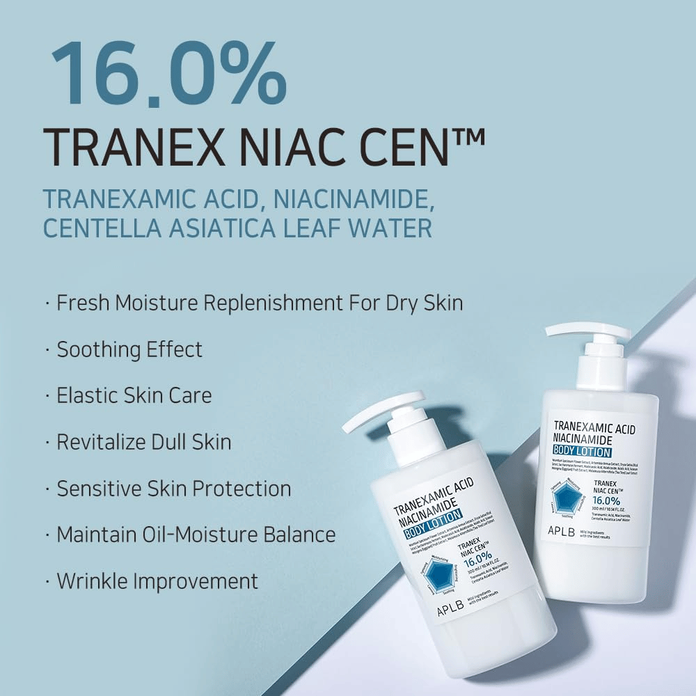 Image des bienfaits présentant le complexe 16 % Tranex Niac Cen™ du produit et ses propriétés telles que l’hydratation, l’effet apaisant, l’amélioration de l’élasticité de la peau, l’éclat ainsi qu’un équilibre entre sébum et hydratation.