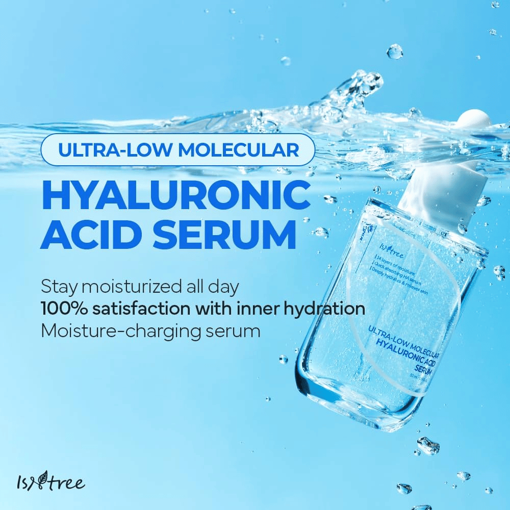 Isntree Ultra-Low Molecular Hyaluronic Acid Serum en milieu aquatique, sérum hydratant à l'acide hyaluronique qui donne une peau repulpée, plus de luminosité et un équilibre hydrique durable.