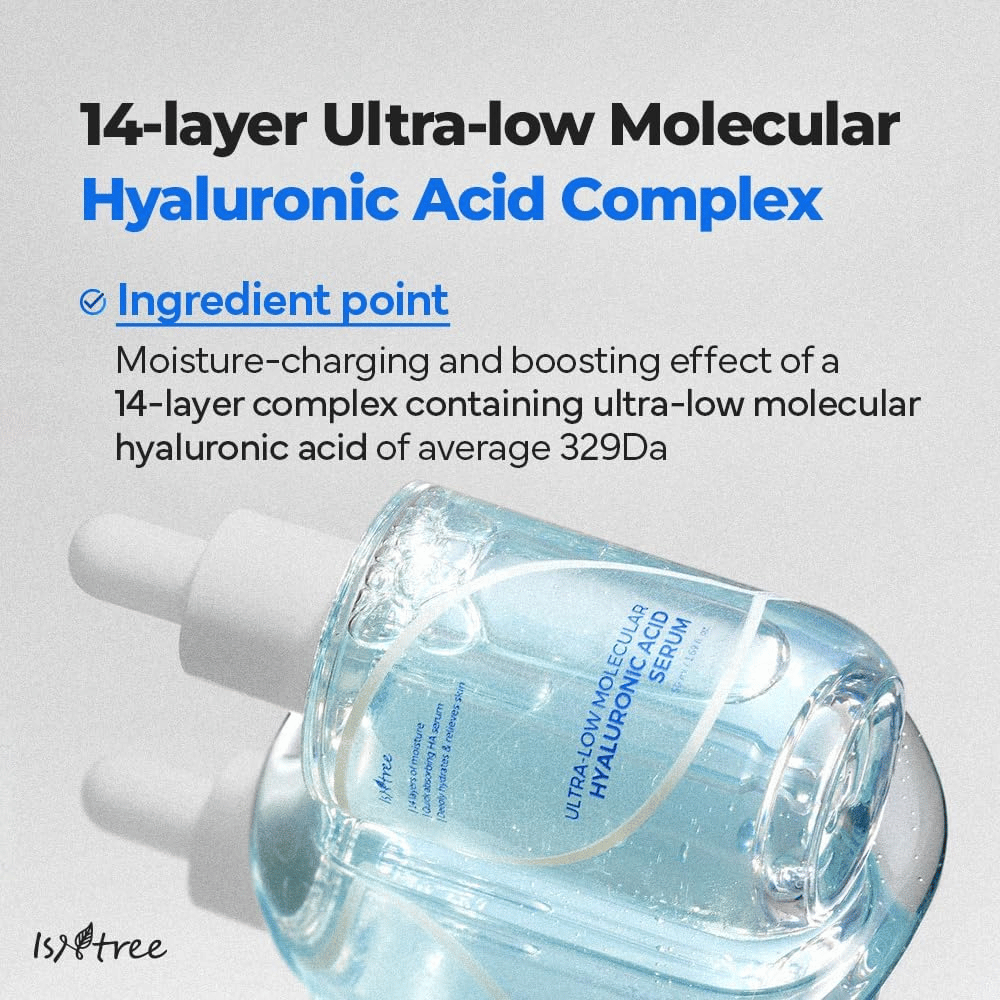 Isntree Ultra-Low Molecular Hyaluronic Acid Serum avec acide hyaluronique ultra-bas moléculaire, sérum facial boosteur d'hydratation qui offre une hydratation intense en profondeur.