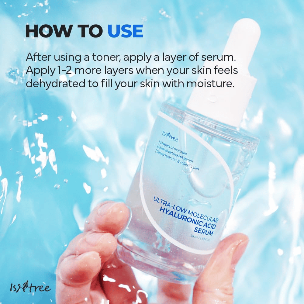 Isntree Ultra-Low Molecular Hyaluronic Acid Serum appliqué après toner visage pour une hydratation intense, montré en main avec éclaboussures d'eau, sérum léger pour peau sèche et déshydratée.