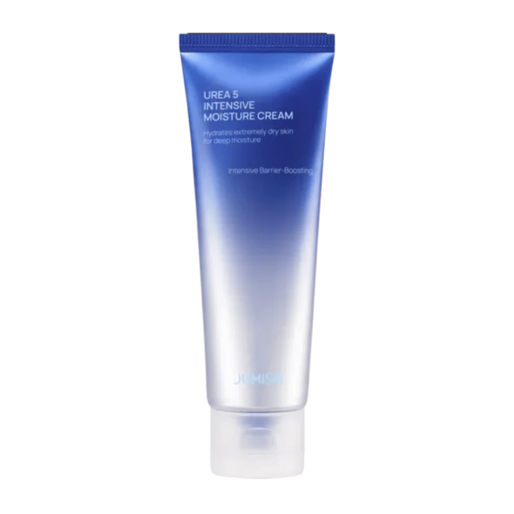 Image produit détourée de Jumiso Urea 5 Intensive Moisture Cream sur fond blanc. Le tube bleu au design minimaliste met en avant l’accent du produit sur une hydratation intense et un soin renforçant la barrière cutanée pour les peaux très sèches.