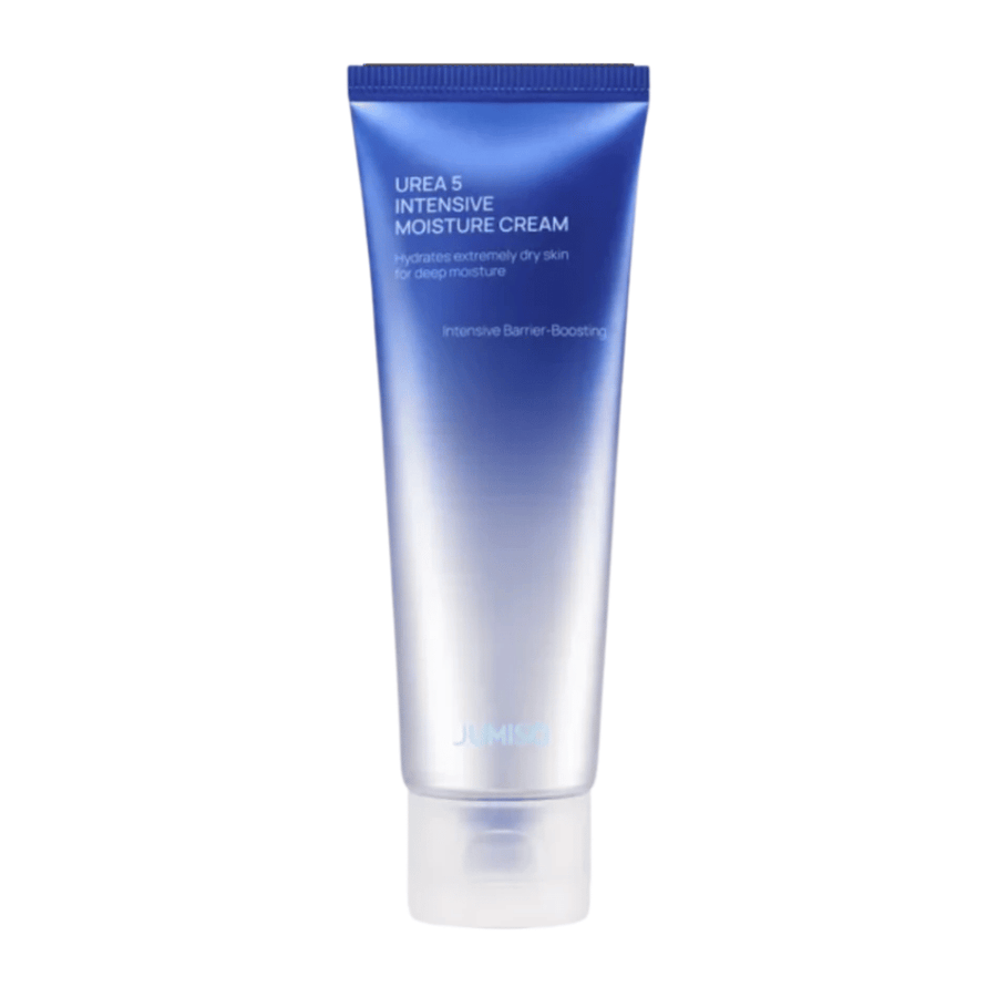Image produit détourée de Jumiso Urea 5 Intensive Moisture Cream sur fond blanc. Le tube bleu au design minimaliste met en avant l’accent du produit sur une hydratation intense et un soin renforçant la barrière cutanée pour les peaux très sèches.