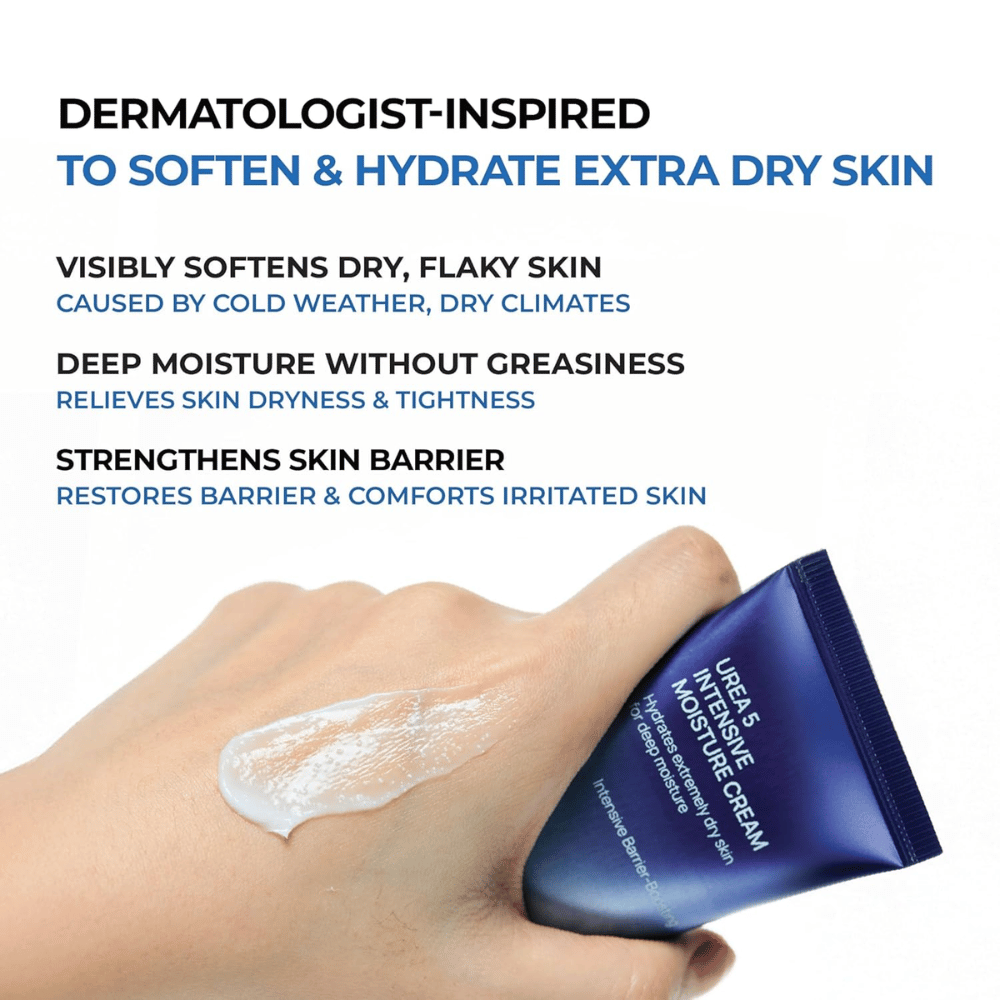 Image d’information mettant en avant les principaux avantages de Jumiso Urea 5 Intensive Moisture Cream. La crème est décrite comme inspirée de la dermatologie pour les peaux très sèches et aide à adoucir les peaux squameuses, à offrir une hydratation profonde sans effet gras, ainsi qu’à renforcer la barrière cutanée. Une main montre la texture crémeuse du produit sur la peau.