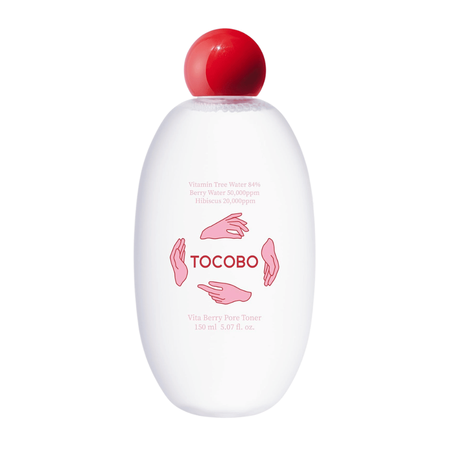Image produit détourée de TOCOBO Vita Berry Pore Toner montrant le design minimaliste avec un flacon blanc et un bouchon rouge sur un fond clair.