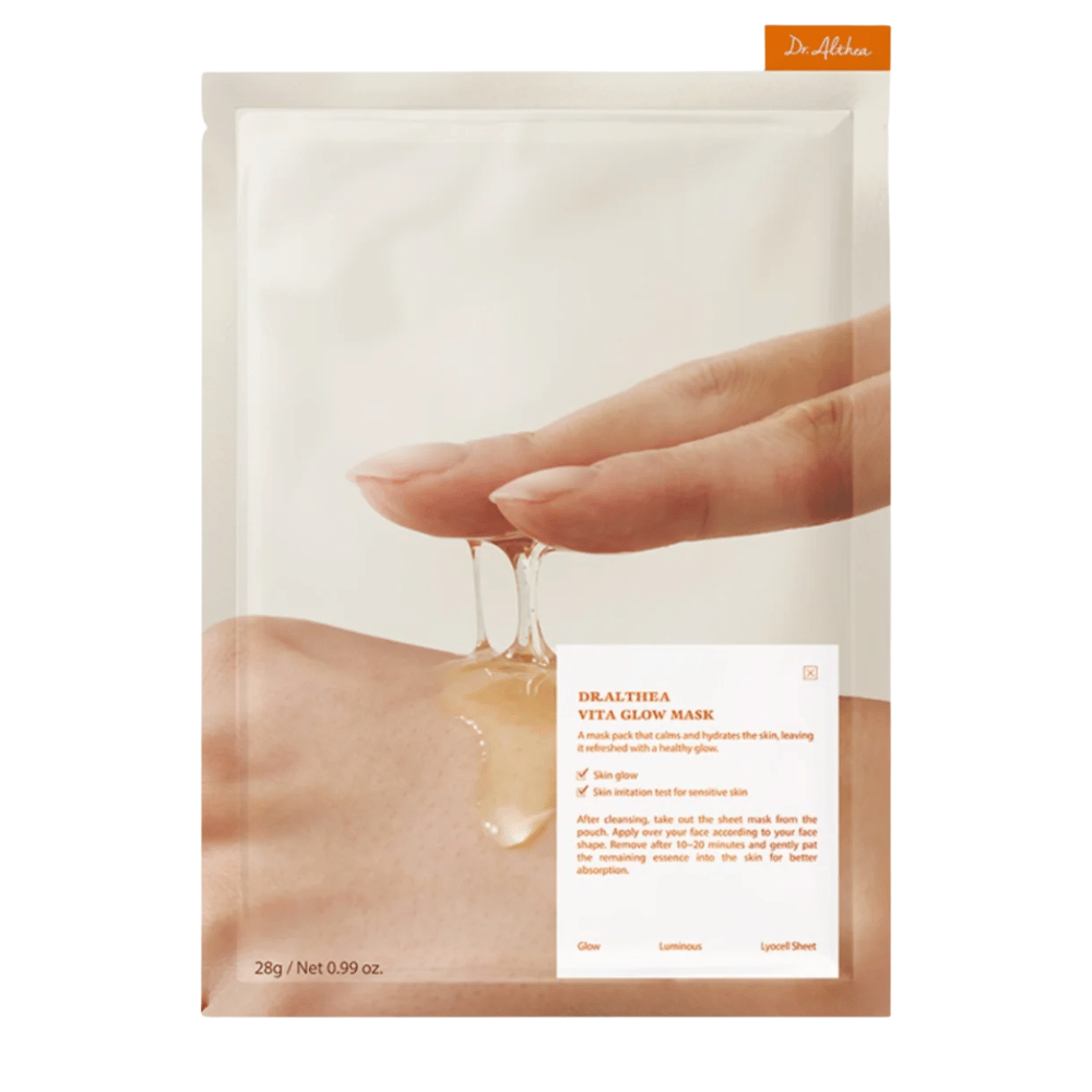 Emballage de Dr. Althea Vita Glow Mask montrant l'essence du masque. Hydratation Masque tissu pour un teint éclatant et uniforme, doux même pour les peaux sensibles.
