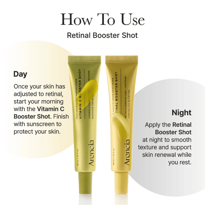 Comment utiliser Arencia Vitamin C Booster Shot – sérum à la vitamine C dans la routine du matin et booster de rétinol le soir pour un teint plus uniforme et plus éclatant