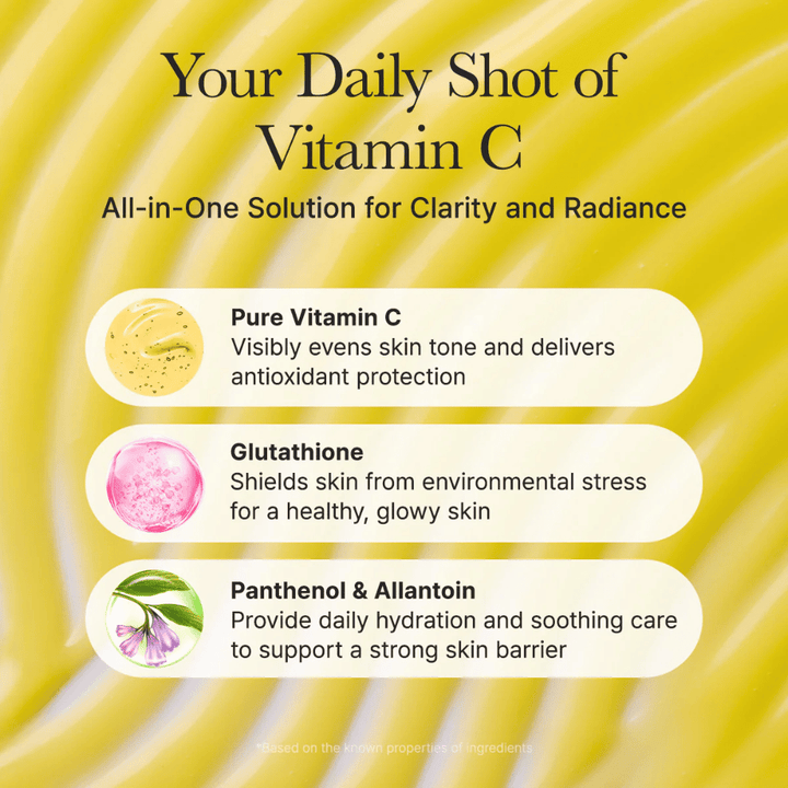 Arencia Vitamin C Booster Shot aperçu des ingrédients – vitamine C qui uniformise le teint, glutathion avec effet antioxydant ainsi que panthénol et allantoïne qui hydratent et apaisent la peau