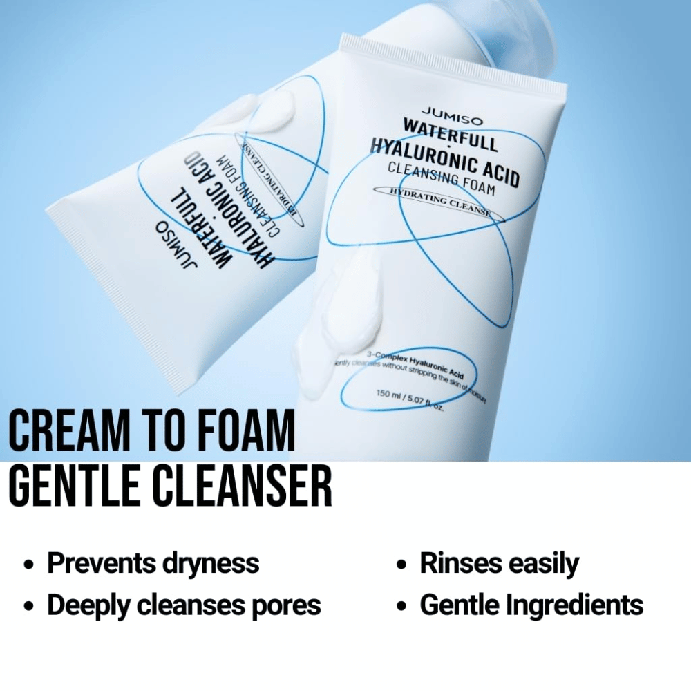 Deux tubes de Jumiso Waterfull Hyaluronic Acid Cleansing Foam sur fond bleu clair. L’image met en avant un nettoyant crème-mousse qui nettoie les pores en douceur, combat la sécheresse et est facile à rincer.