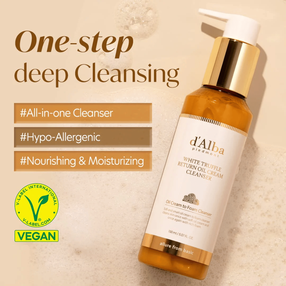d'Alba White Truffle Return Oil Cream Cleanser est une crème nettoyante végétalienne et hypoallergénique avec un nettoyage en profondeur en une seule étape. Ce nettoyant tout-en-un est nourrissant et hydratant, et se transforme d'huile en mousse pour nettoyer efficacement la peau et la laisser douce et fraîche.