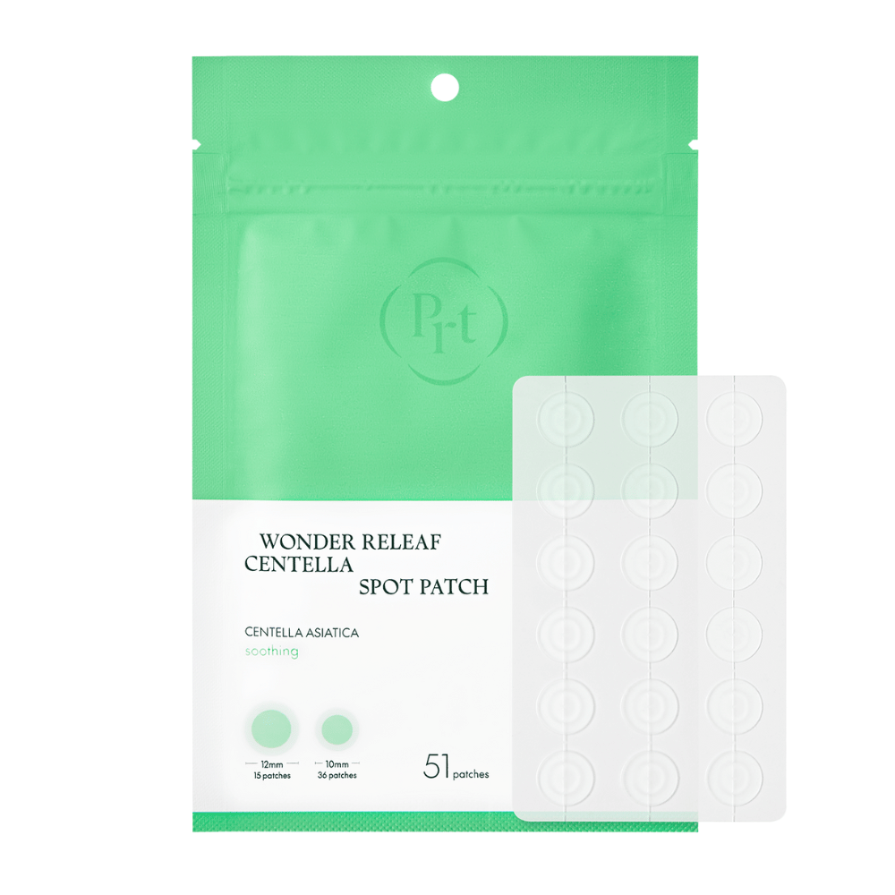 Image produit de Purito Wonder Releaf Centella Spot Patch avec emballage et 51 pansements anti-acné transparents en deux tailles pour un traitement localisé efficace.
