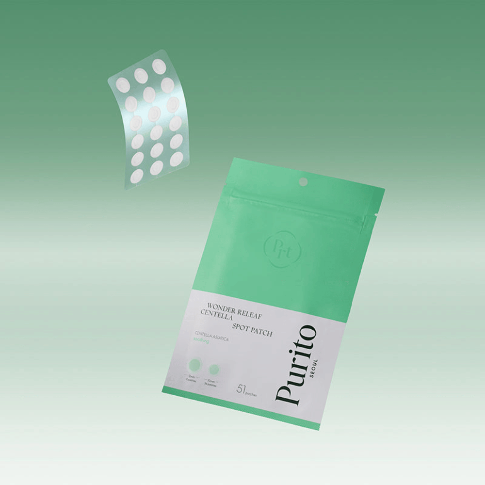 Purito Wonder Releaf Centella Spot Patch avec emballage et pansements anti-acné transparents, traitement localisé apaisant avec centella asiatica pour boutons et peau irritée.
