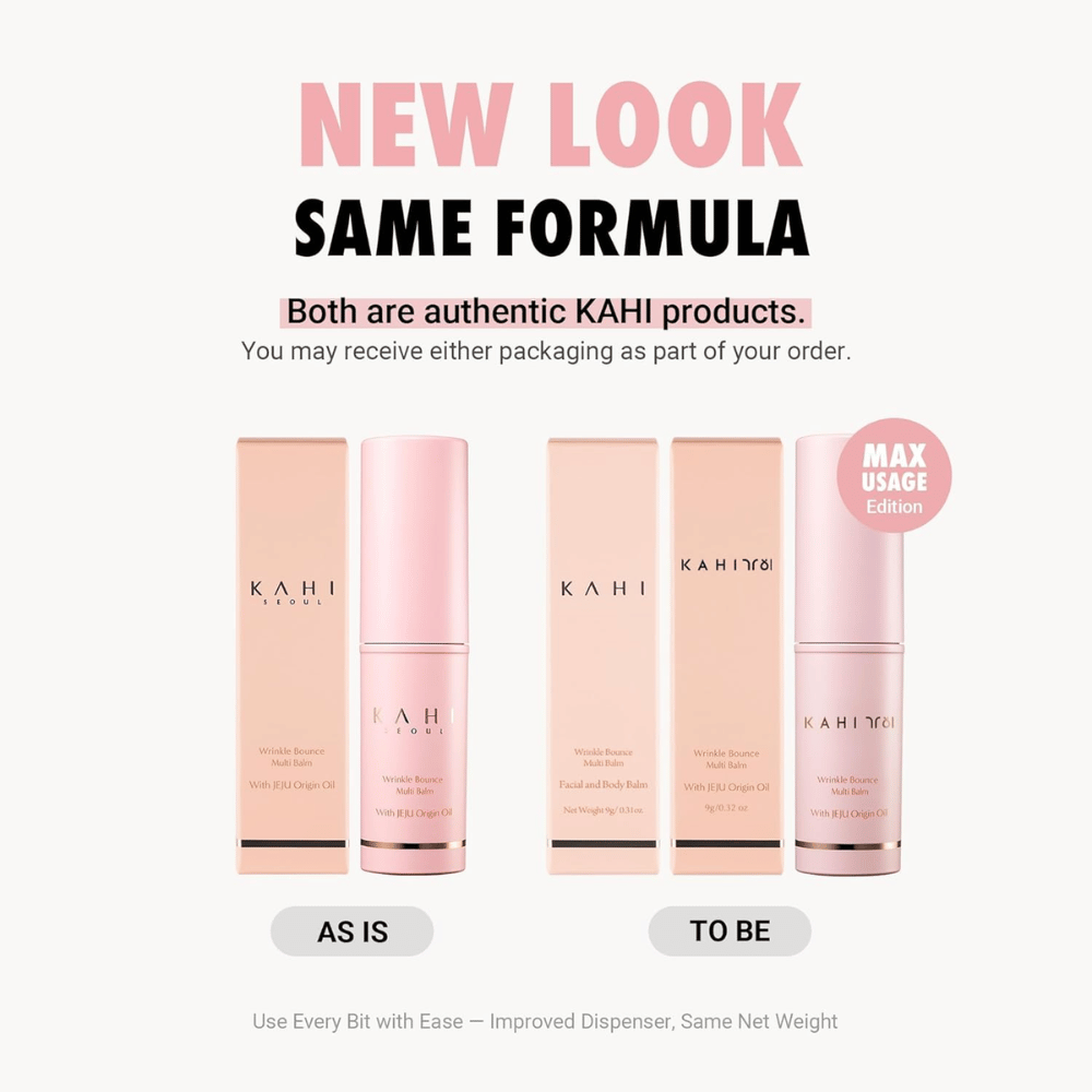 KAHI Wrinkle Bounce Multi Balm – nouveau design avec la même formule, stick baume multifonctionnel avec Jeju Origin Oil pour une peau hydratée et plus ferme.