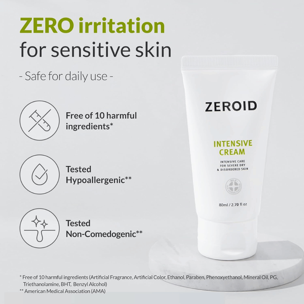 ZEROID Intensive Cream est développée pour les peaux sensibles et est exempte de dix ingrédients courants pouvant provoquer des irritations. La crème a été testée hypoallergénique, est non comédogène et convient à une utilisation quotidienne.