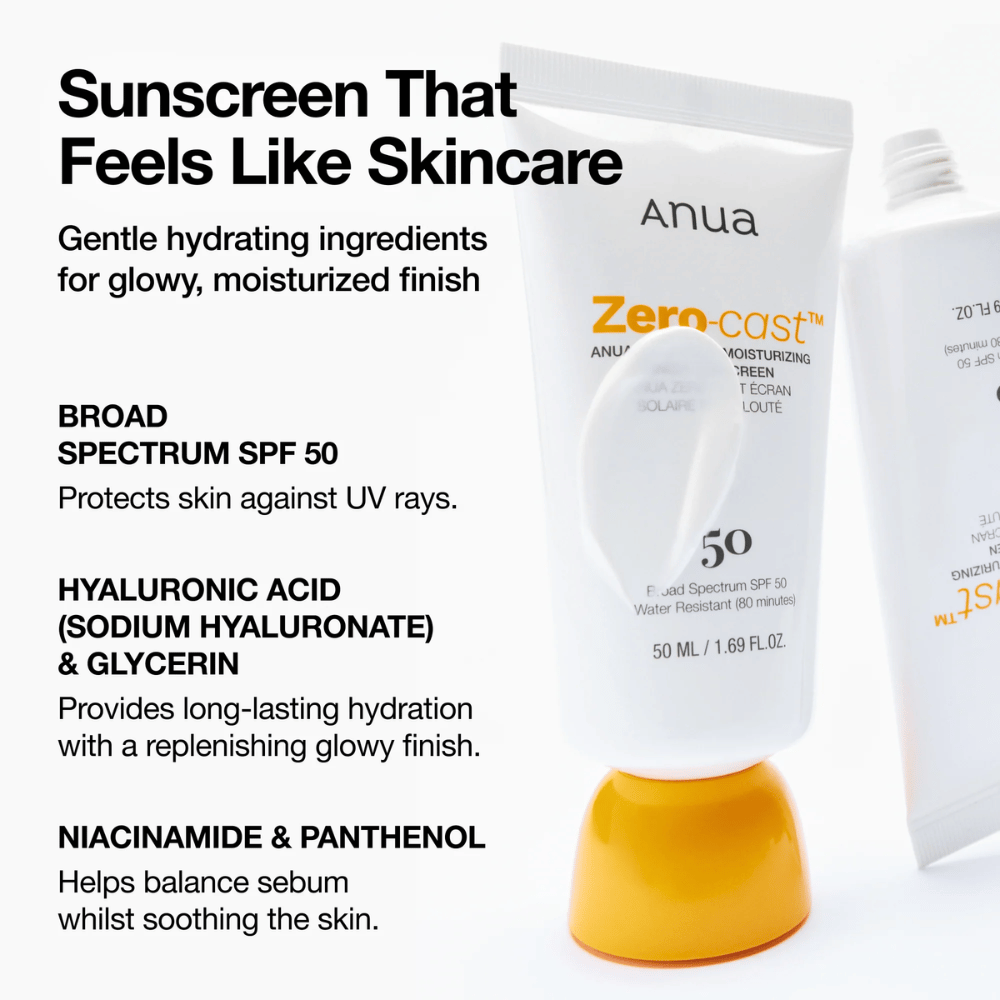 Gros plan sur ANUA Zero-Cast Moisturizing Sunscreen avec SPF 50 – crème solaire dans un tube blanc avec un bouchon orange, montrant du texte sur les ingrédients tels que l'acide hyaluronique, la niacinamide et le panthénol pour une peau hydratée et protégée.
