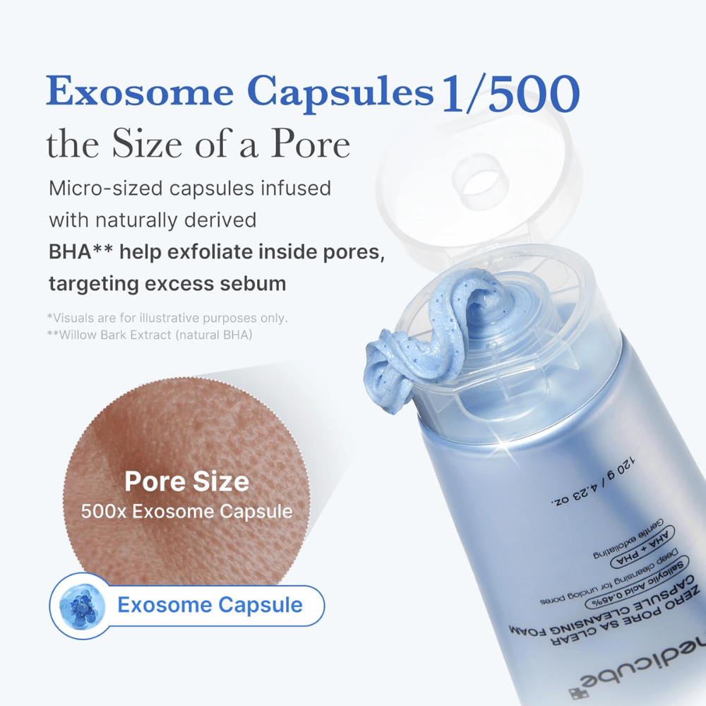 Medicube Zero Pore Capsule Cleansing Foam avec capsules d'exosome et BHA qui dissolvent le sébum et nettoient les pores sans obstruer la peau.