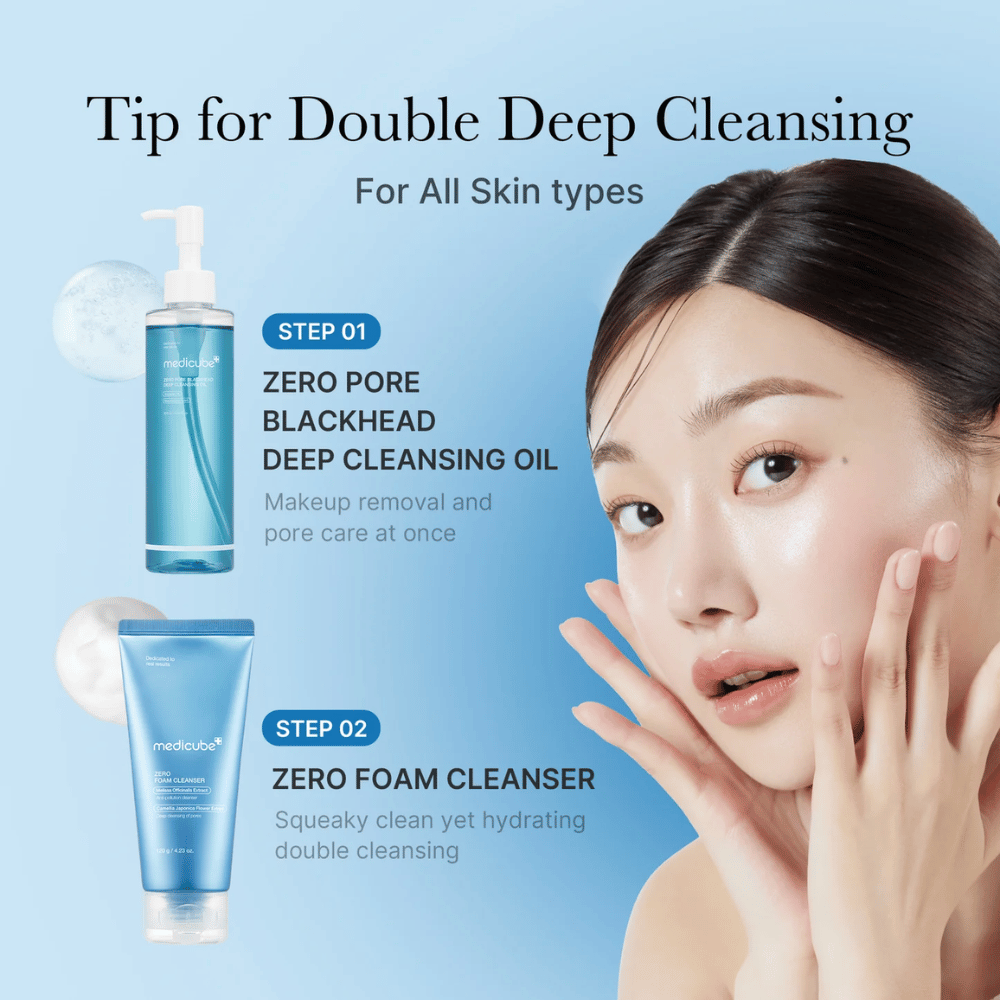 Image publicitaire pour le double nettoyage Medicube avec Zero Pore Blackhead Deep Cleansing Oil et Zero Foam Cleanser, accompagnée d'une femme montrant sa peau propre et hydratée.