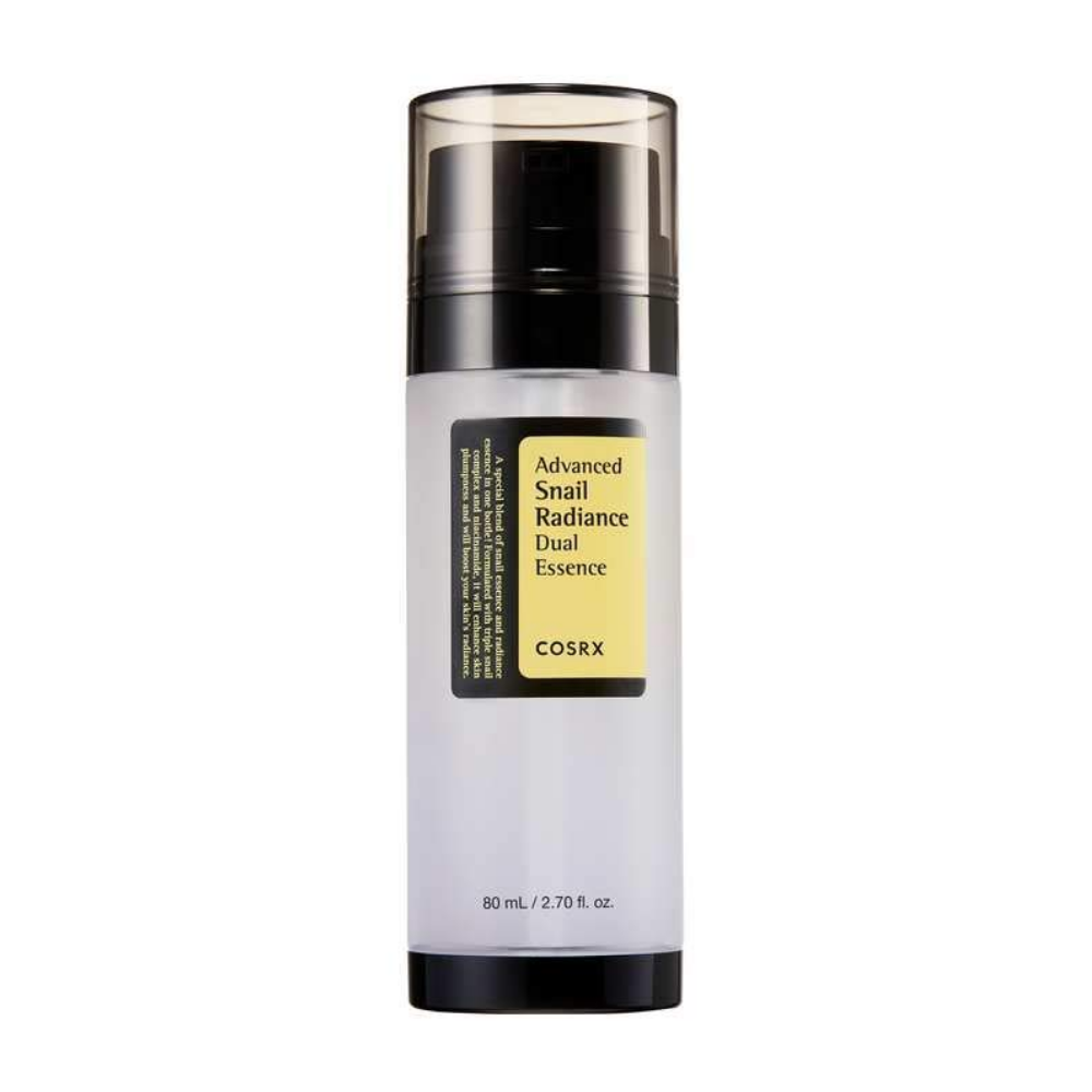COSRX Advanced Snail Radiance Dual Essence 80ml aide à réduire l'acné et favorise une peau claire avec son complexe triple escargot et niacinamide.
