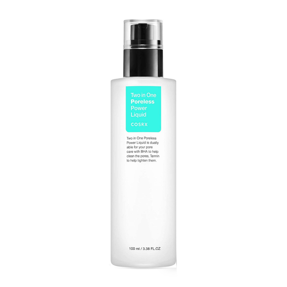 Une bouteille COSRX Two In One Poreless Power Liquid 100ml, conçue pour les peaux grasses, est présentée sur un fond blanc.